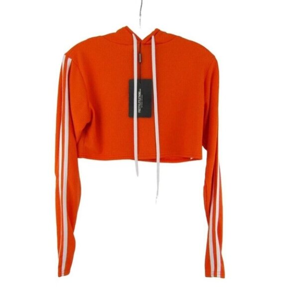 Pretty Little Thing Orange Ribbed Sport Stripe Cropped Hoodie Top US Size 8 New - Picture 1 of 10